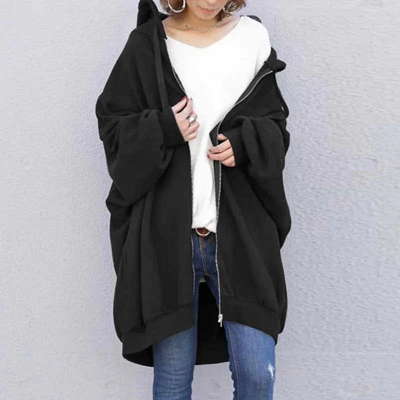 New Fashion Women Casual Solid Color Hoodie Coats Autumn Winter Female Long Lantern Sleeve Zip Up Loose Cardigan Sweatshirts
