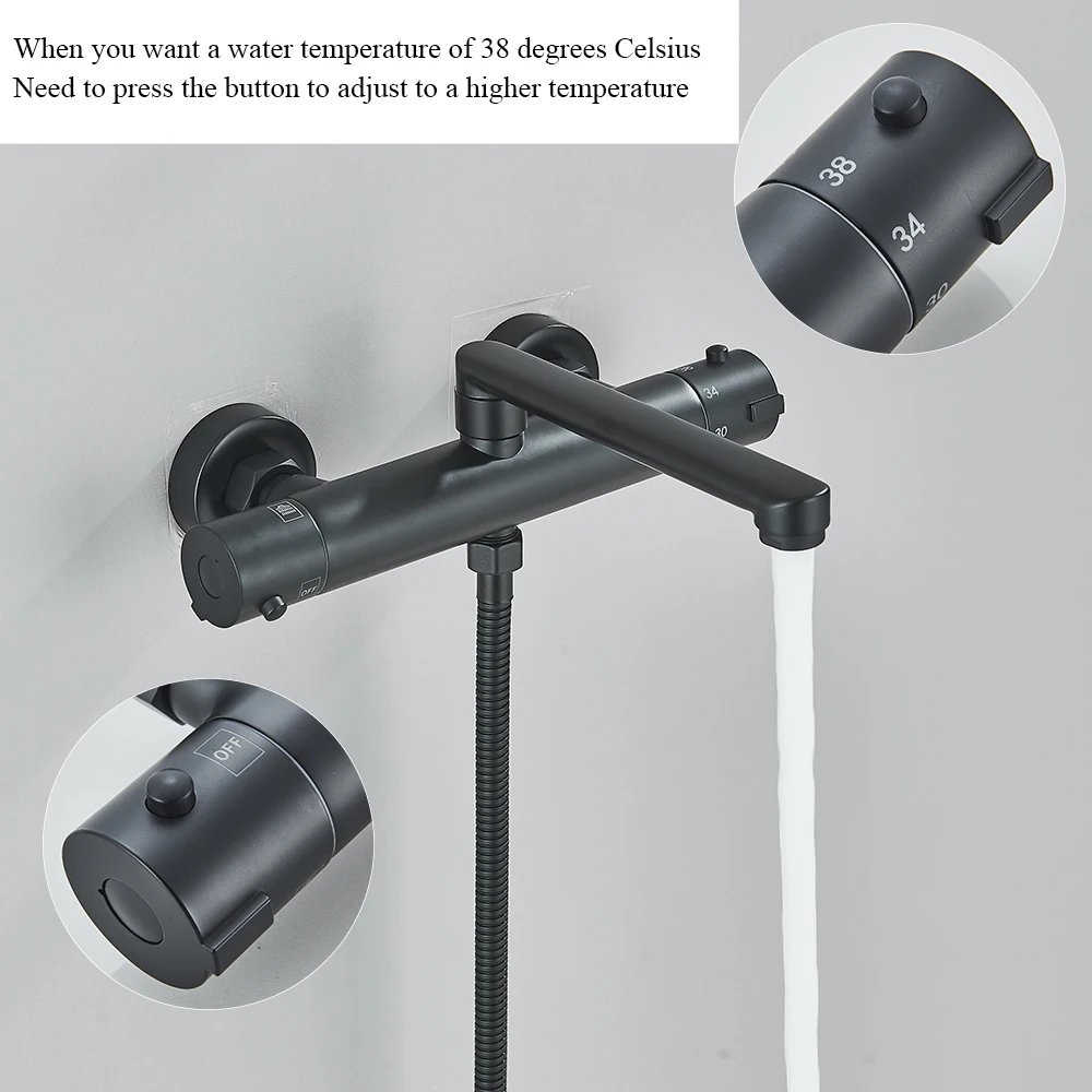Thermostatic Bathtub Shower Faucet Rotatable Long Spout with Handshower Wall Mount Cold Hot Water Mixer Bathroom Shower System 2