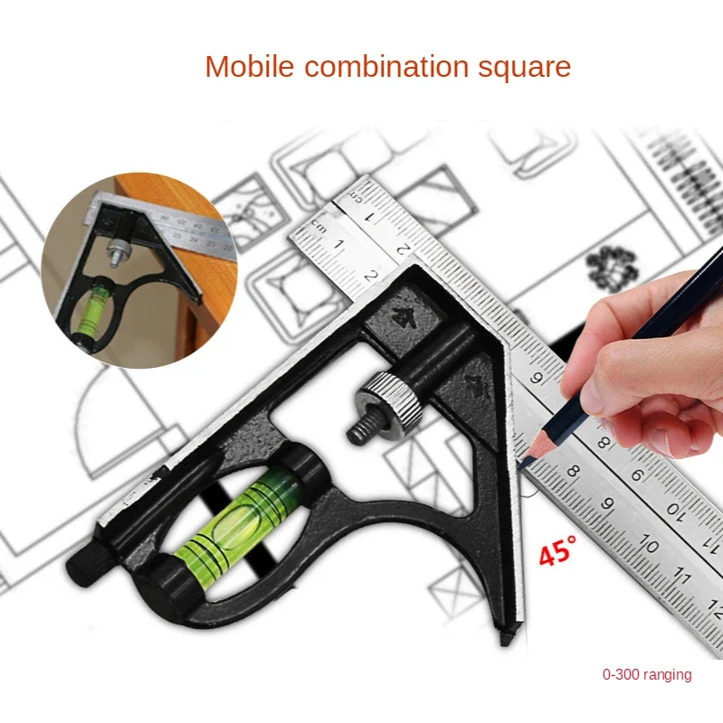 Carpenter Measuring Tool 300mm Stainless Steel Angle Combination Square Ruler Mobile Horizontal Movable 45Degree Right Carpenter Woodworking Level Moving