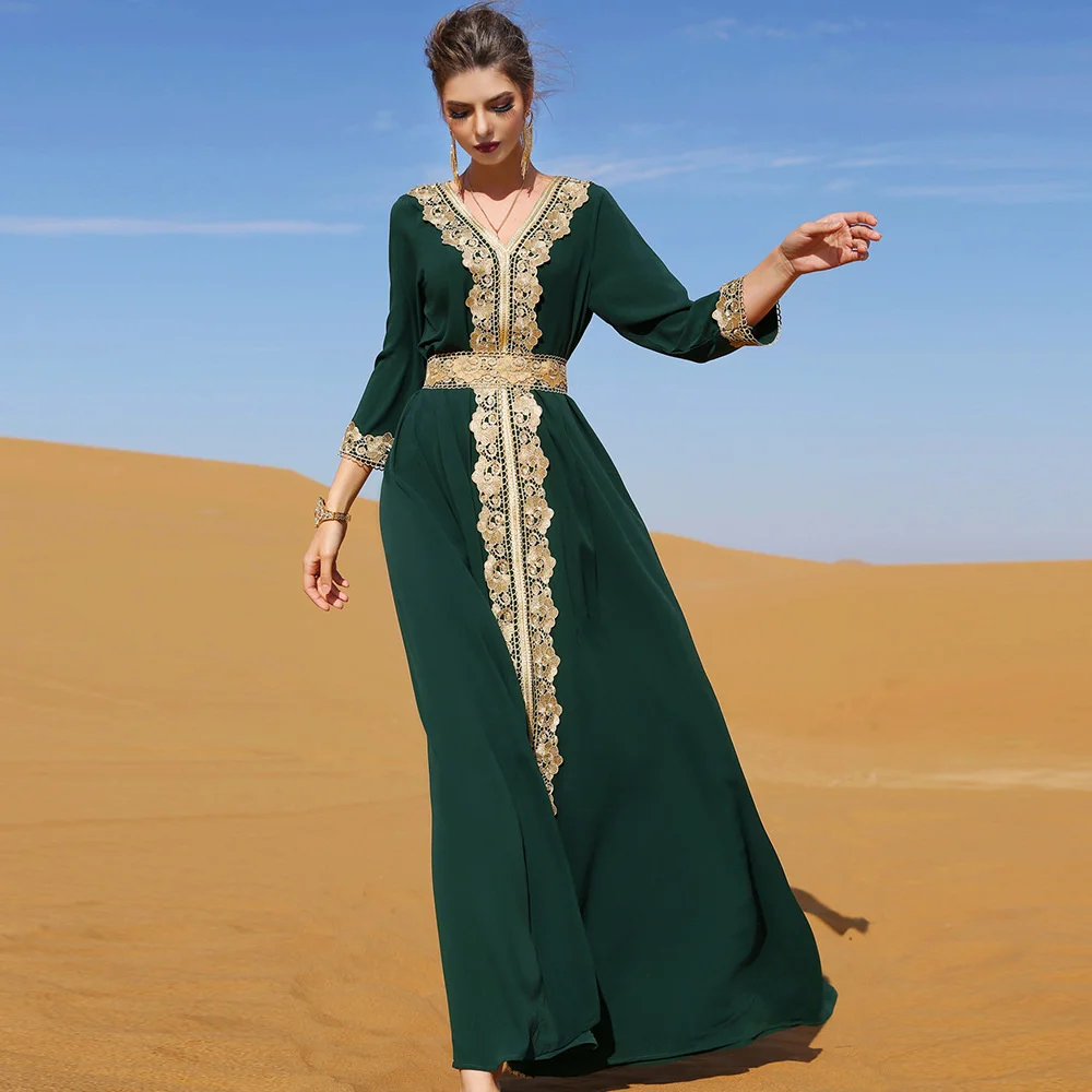 Dubai Long Dress Dark Green Moroccan Caftan Kaftan Turkey Embroiled Lace Elegant Vacation Gorgeous Abaya Women's Clothing