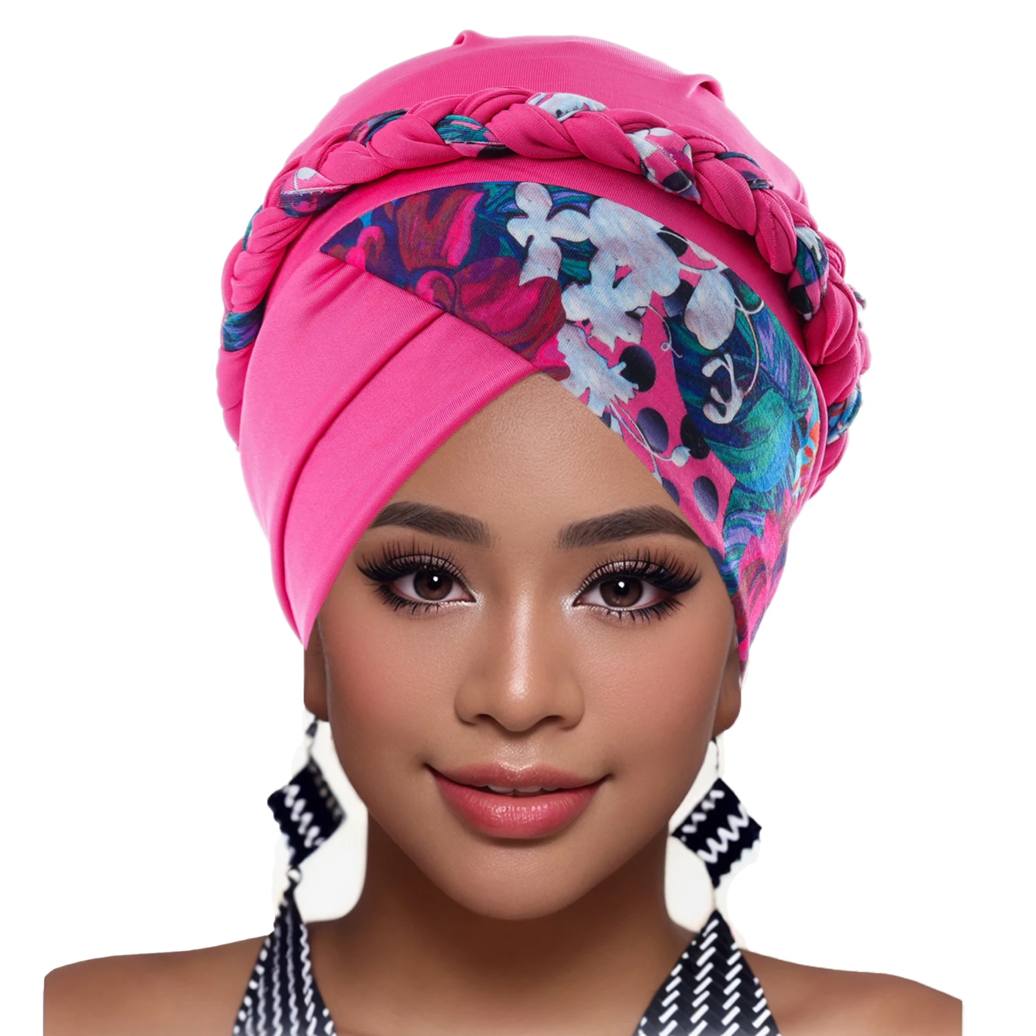 Boho Women Print Muslim Turban Scarf Braid Hijabs Cross Forehead Floral Headwear  Arab Wrap Head Scarf Hair Accessories Hat 6