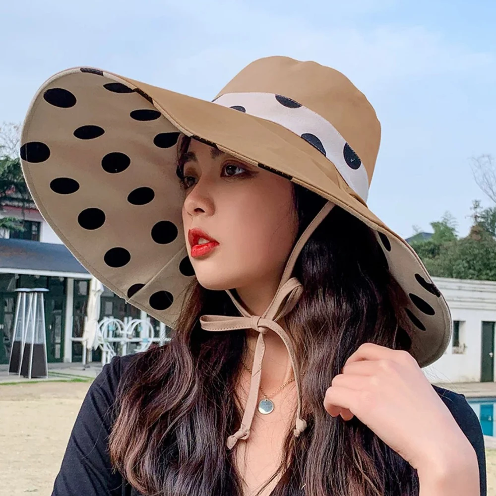 

Brimmed Women Sun Visor Hat Fashion Wide Brim Foldable Polka Dot Sun Hat Sun Bucket Hats Travel Fisherman Hats Women