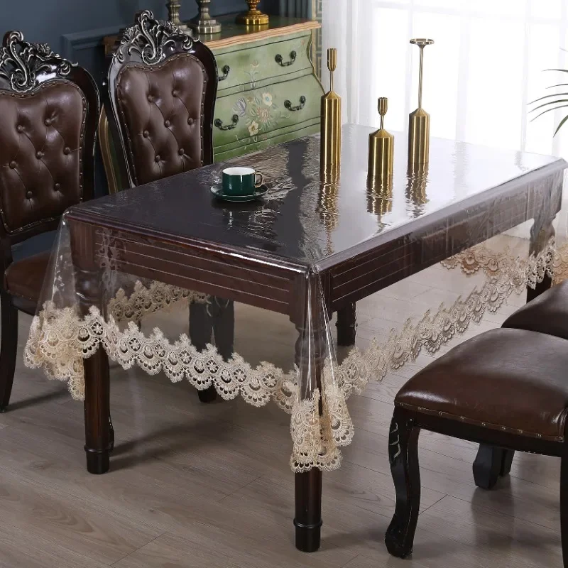 Waterproof Table Cloth PVC Transparent Soft Dining TableCloth Lace Embroidered Oil-proof Table Cover Coffee Table Crystal Plate 4