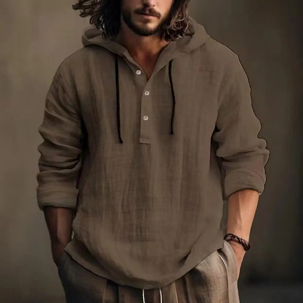 

Men Hoodie Stylish Men's Solid Color Hoodie Trendy Drawstring Design Long Sleeve Pullover with Casual Button Detail for Autumn