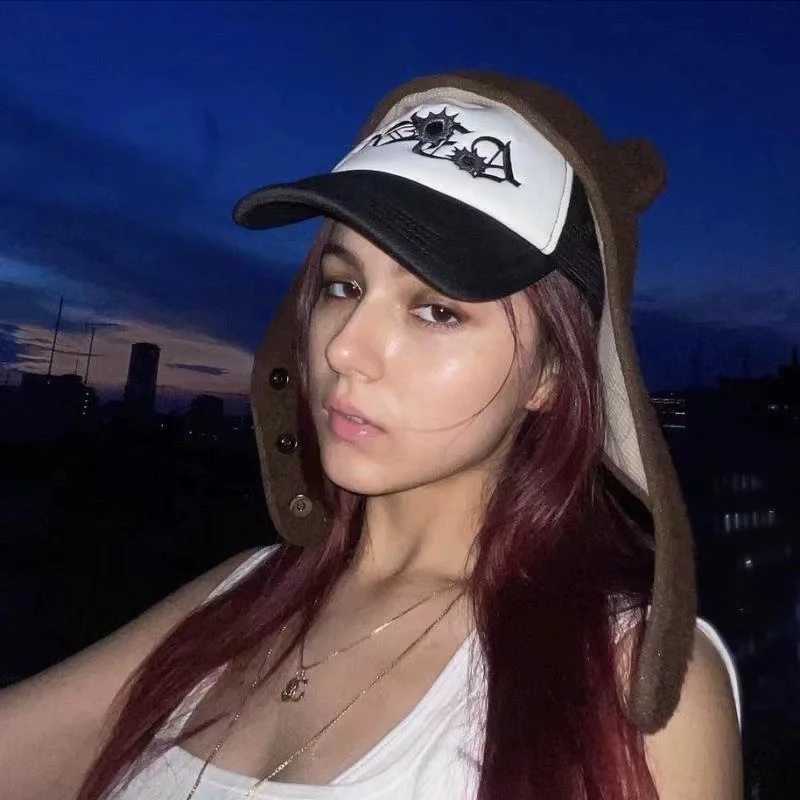 American Y2k Safety Bear Bomber Hats Unisex Hip Hop Polar