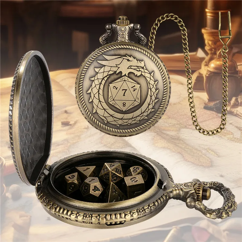 Pocket Watch Chain Bronze 7pcs Metal Polyhedral Dice Role Play Gaming Dices With Cool Dragon Pocket Watch Case Pendant FOB Chain Game Accessory