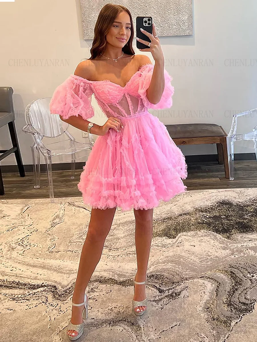 Pink Tulle Formal Occasion Dresses Puffy Sleeves Mini Homecoming Dress A-Line Sexy Evening Gowns فساتين مناسبة رسمية GDS98005