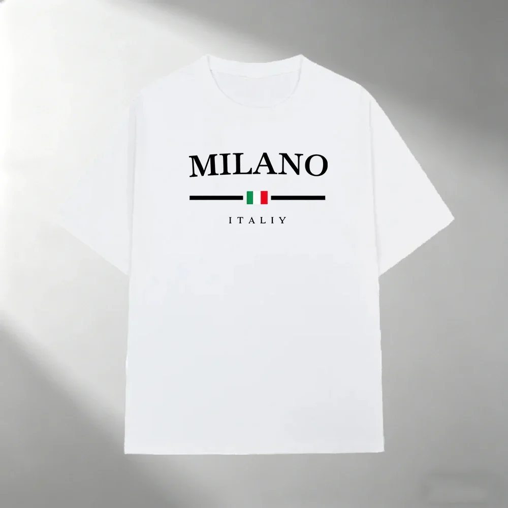 Herren Reines Baumwoll-T-Shirt MILANO Italien Flaggen-Print Kurzarm-Oberteil Lässiger Streetwear Minimalistischer Stil Locker Sitzend Tägliches Herren-Sommer-Tee-Shirt