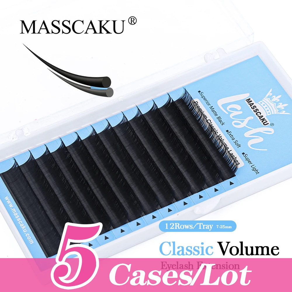 

MASSCAKU 5cases/lot Custom Private Label Classic Eyelashes Extension Natural Russian Volume C/D Curl Matte Faux for Professional