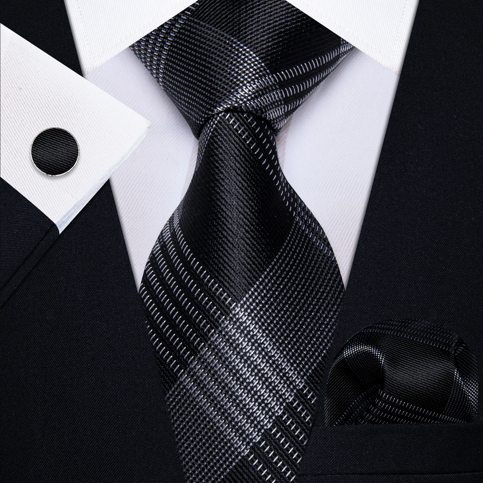 

Novalty мужской галстук в клетку черно-серый с карманом Квадратные Запонки Модный Шелковый деловой Свадебный галстук для мужчин подарок на день рождения