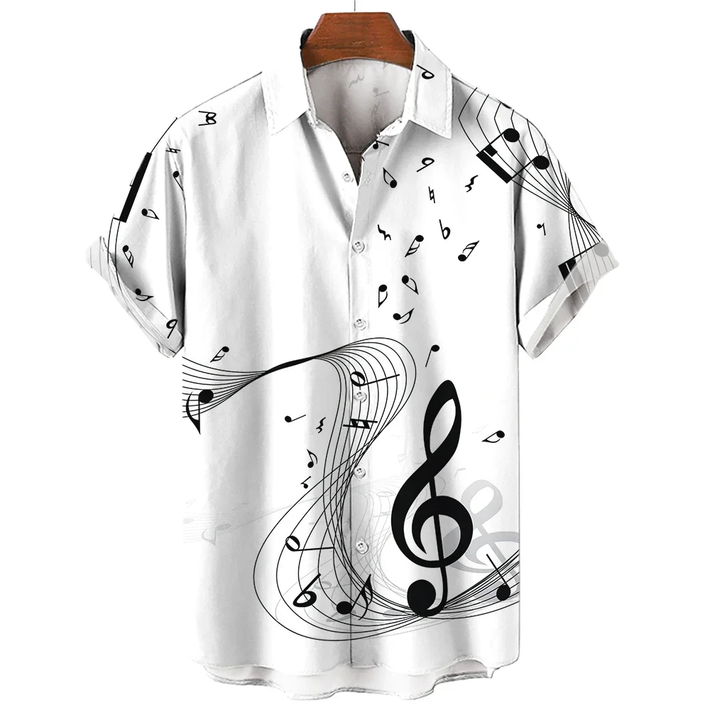 New Men's Shirt 2023 Summer Fashion Hawaiian Shirt Short Sleeve Lapel Top Music Symbol Pattern Print Shirt Oversized Man Clothes 5
