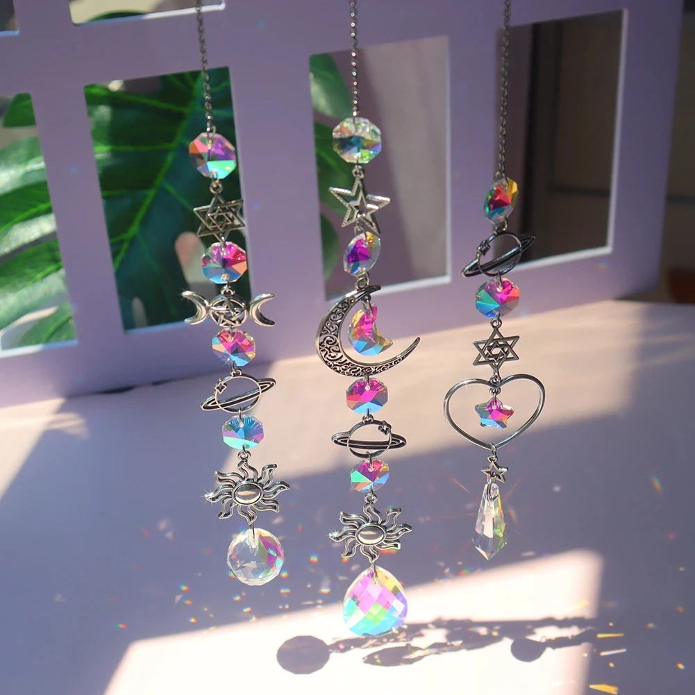 Crystal Wind Chime Moon Sun Catcher Diamond Prisms Pendant Dream Catcher Rainbow Hanging Drop Home Garden Decor Windchime 1pc wind chime