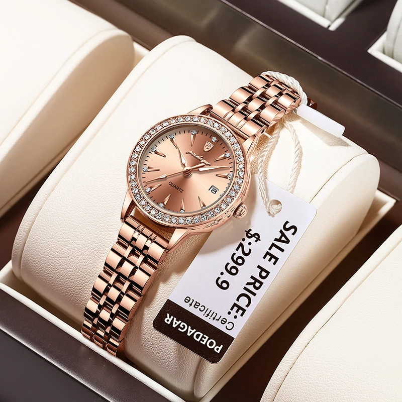 POEDAGAR Diamond Bracelet Womens Watches Elegant Rose Gold Top Brand Waterproof Quartz Ladies Watch Luxury Steel Strap Calendar