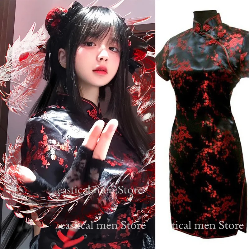 Girl Lolita Maid Dress Sexy Chinese Style Dress Silk Brocade Jacquard Cheongsams Short Lolita Cosplay Costume Sexy Mini Vestidos chinese dress