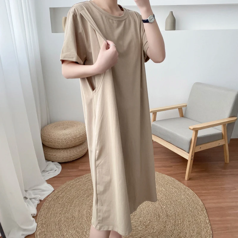 Maternity Simple Pure Color Breastfeeding Dress Long Skirt Short Sleeve Cotton Maternity Dresses Pregnant Women Clothes Tops 7 S61c515a315d1421ca8d703fa7e611b09w