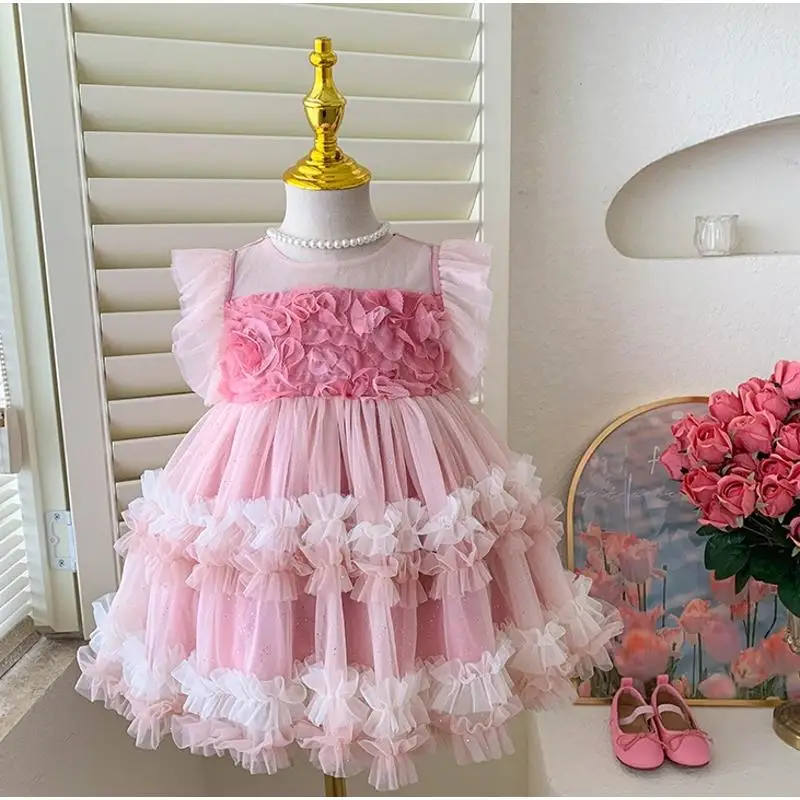 

Милые летние платья с оборками для девочек, летняя сетчатая трапециевидная одежда без рукавов