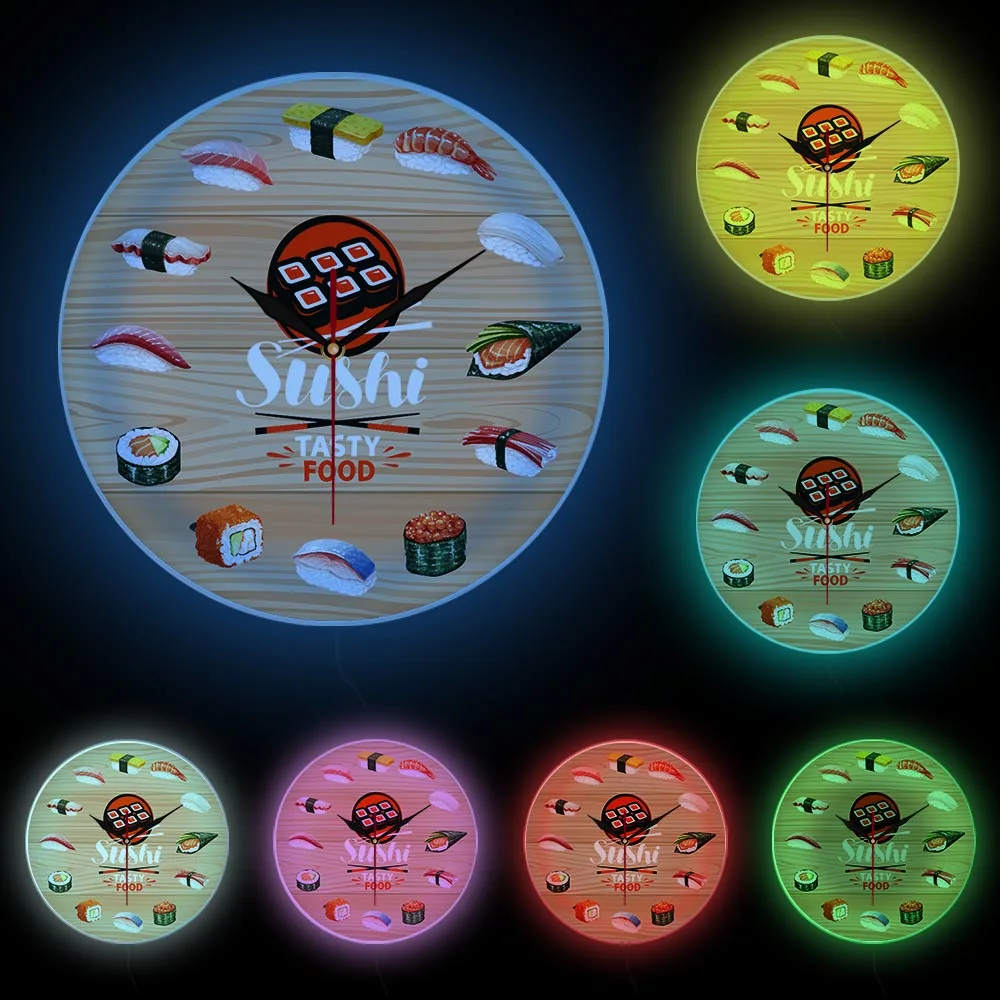 Japanese Cuisine Sushi Tasty Food Wall Clock Kitchen Wall Art Decorative Minimalist Wall Watch Gift for Foodies Restaurant Chef 6