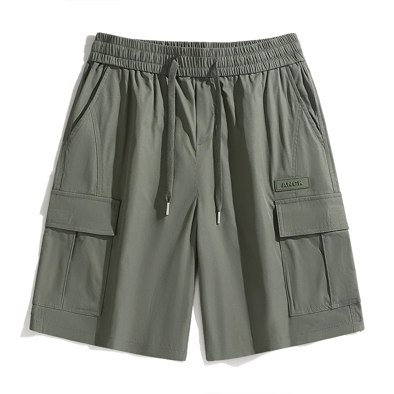 Fashion Elastic Spliced Pockets Straight Casual Shorts Men's Clothing 2024 Summer New Loose Solid Color High Waist Knee Shorts
