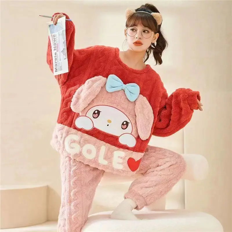 

Sanrio Clow M Coral Velvet Pajamas Women's Sweet Melody Cute Princess Homewear Suit Winter Thicken Thermal Can Be Worn outside