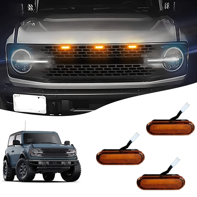 

Передние фонари для радиатора, янтарные динамические лампы для Ford Bronco Wildtrak/ Badlands/ First Edition/ Everglads 2021-2023, 3 шт.
