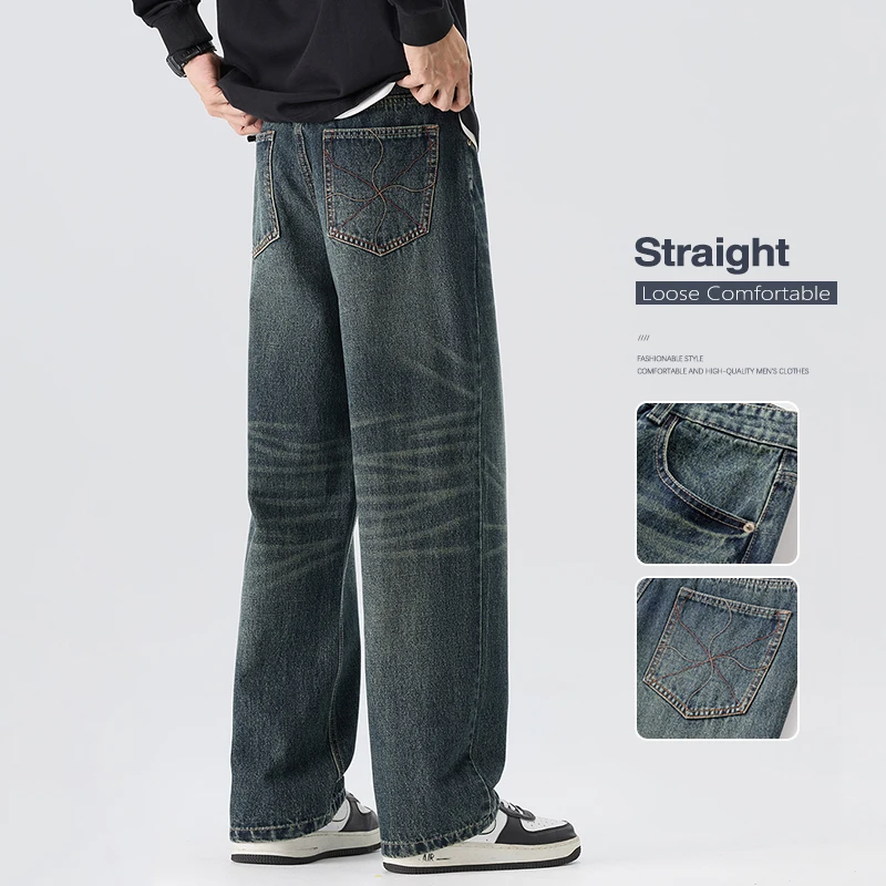 Vintage Jeans Loose Wide Leg Men's Spring New Straight Denim Pants Fashion Embroidered High Street Korean Casual Trousers 2