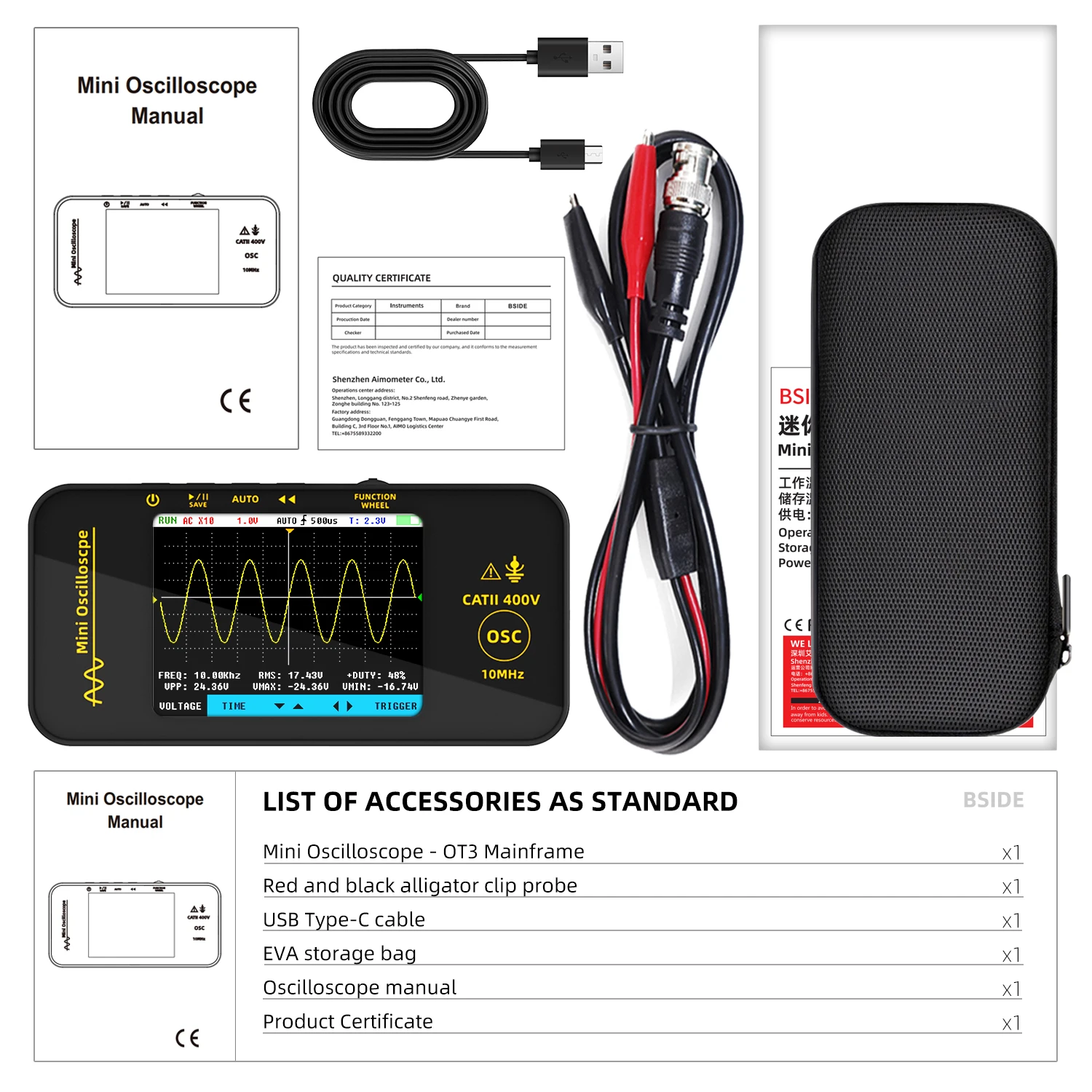 OT3 Handheld Oscilloscope 3.2” TFT LCD Digital Scope Tester, 10MHz/48MSa/s,Potab