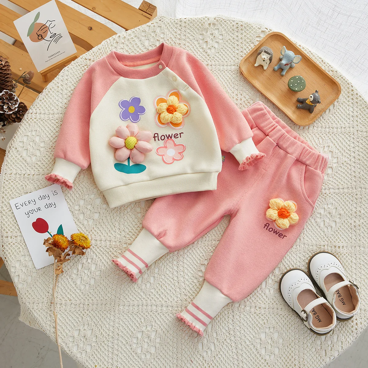 

2024 Korean Spring Autumn Newborn Girls 2PCS 3D Flower Patchwork Long Sleeve Baby Girls Pullover Elastic Waist Infant Girl Pants