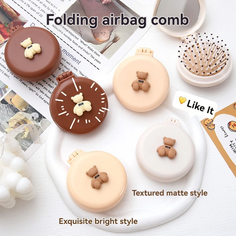 Cute Cartoon Little Bear Folding Comb For Little Girls Portable Mini Air Cushion Comb Massage Small Mirror Integrated