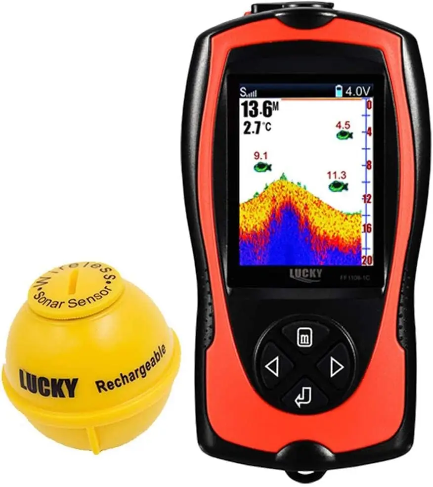 

Fish Finder Transducer Sonar Sensor 147 Feet Water Depth Finder LCD Screen Echo Sounder Fishfinder with Fish Attractive Lamp for