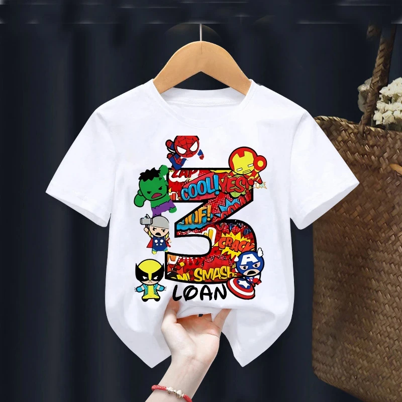 thumbnail image 1 of Camiseta de Spiderman de Marvel para cumpleaños de niño de 2, 3, 4, 5, 6, 7 y 8 años, camiseta personalizada con nombre para niña, ropa para fiesta de cumpleaños de superhéroe, 1 of 5