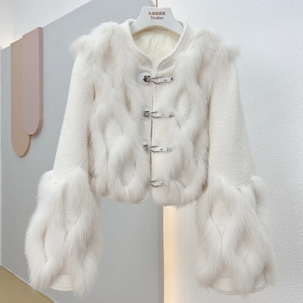 Round Neck Real Fox Fur Coat Women's Short Long Sleeve Design 2023 New Winter Trendy Single Breasted Woolen Jacket Fashion Slim