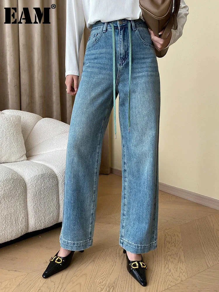

[EAM] High Waist Blue Drawstring Long Denim Wide Leg Jeans New Loose Women Trousers Fashion Tide Spring Autumn 2024 1DH0831