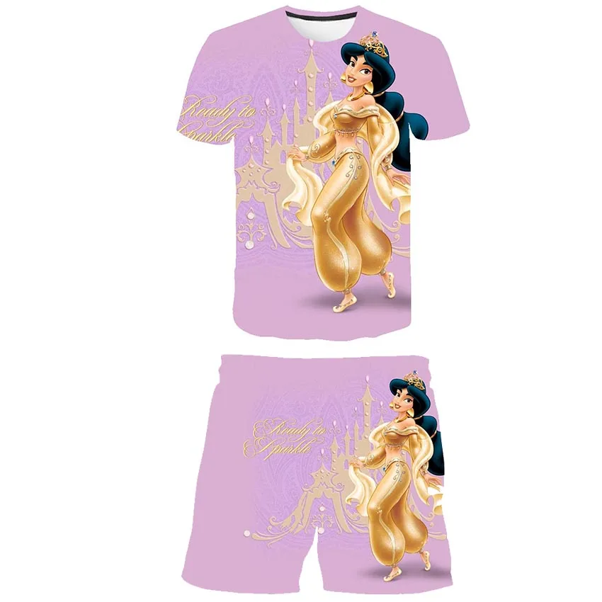 Conjuntos de ropa de la serie de Princesas Disney Jasmine para niñas, camisetas y pantalones cortos de moda de verano, 2 piezas, trajes de dibujos animados de 1 a 14 años - AliExpress