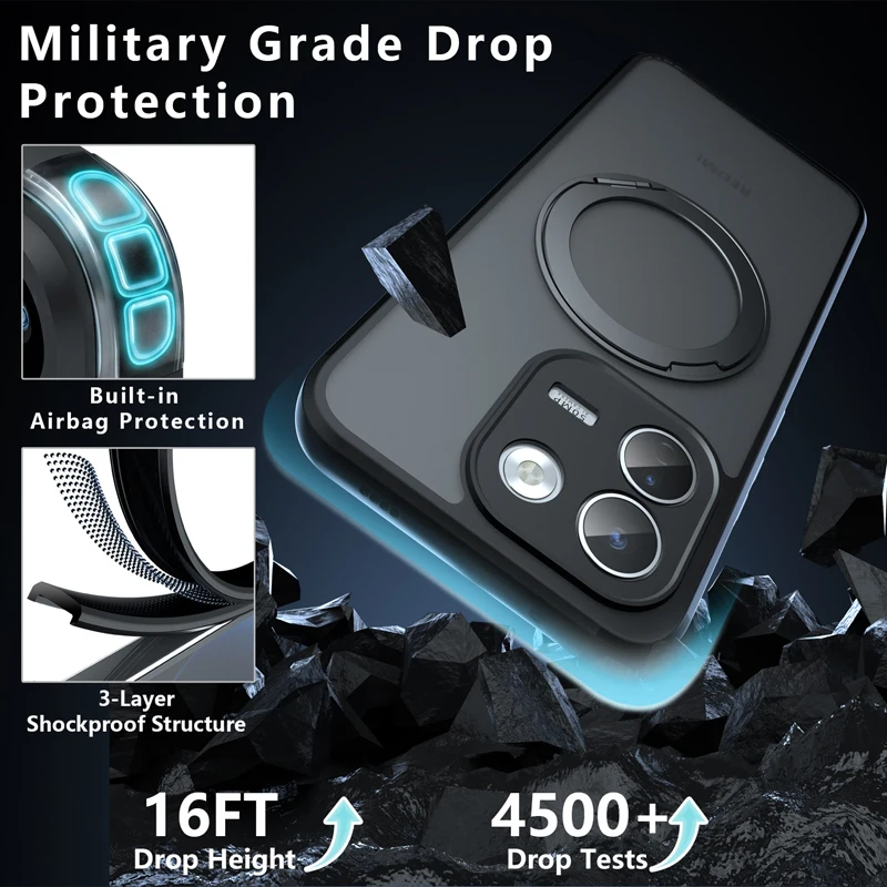 Magnetic Shockproof Matte Case with Rotating Ring Bracket and Enhanced Protection