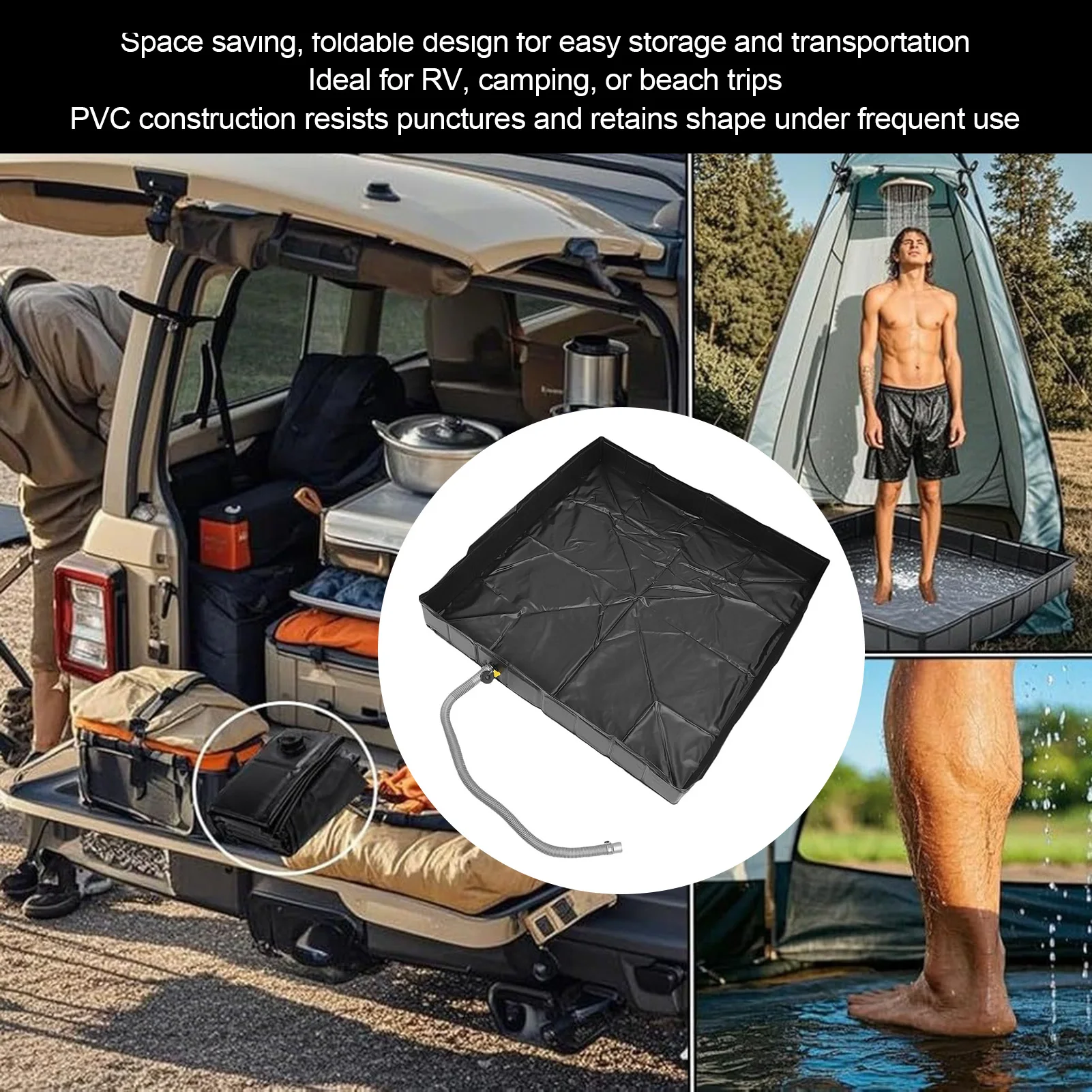 Outdoor Foldable Shower Base 1m Drain Pipe 41 X 41 X 6 Inches Compact Puncture Proof Portable Shower Pan for RV Trailer Beach