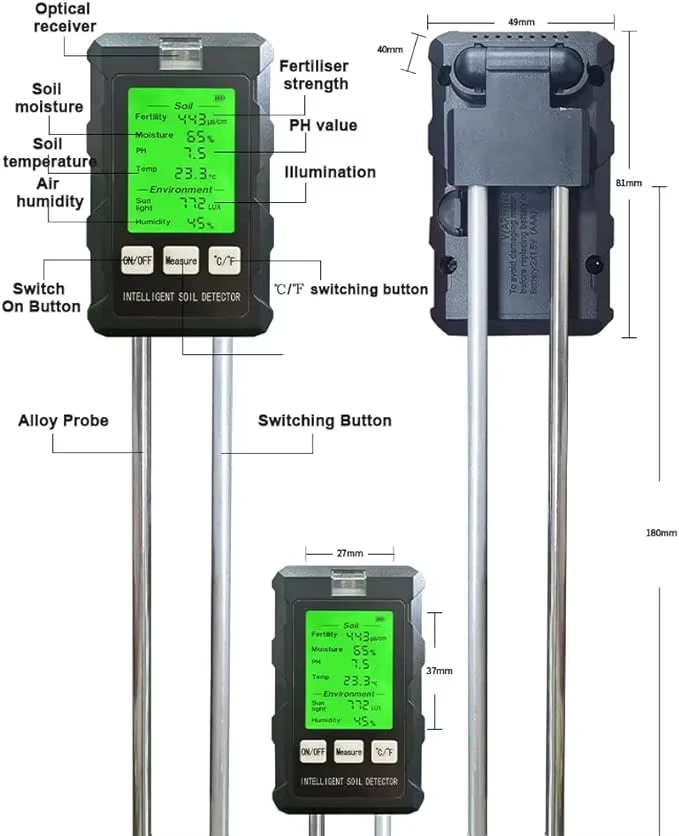 Digital 6 in 1 Soil Moisture Tester PH Meter Fertility Temperature Humidity Detector Sunlight Ambient Monitor for Plant Analyzer