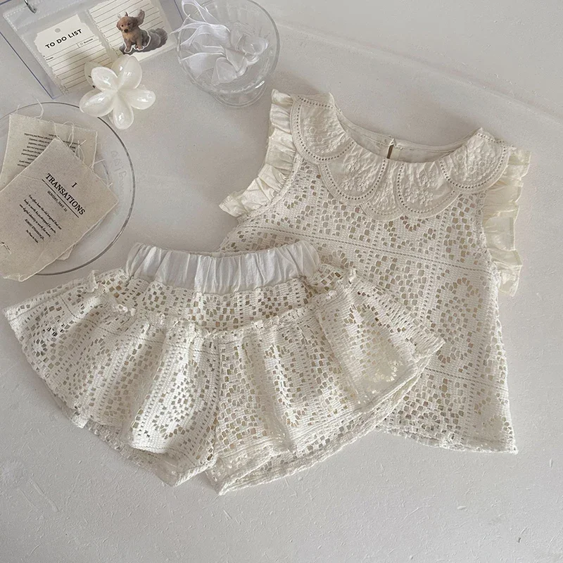 2026 새로운 여름   소녀 의류 세트 민소매 레이스 스플 라이스 조끼 + 반바지 0-3Yrs   소녀 옷 정장
