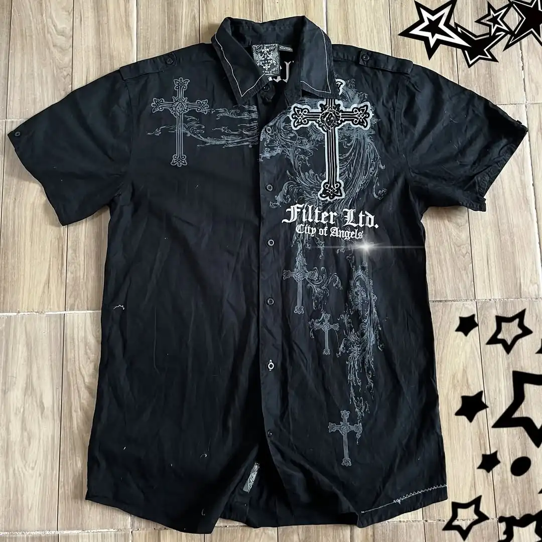 Street Hip-hop Shirt with Harajuku Cross Pattern Short Sleeved Casual Shirt Y2K Men's and Women's Pure Cotton Shirt T-shirt