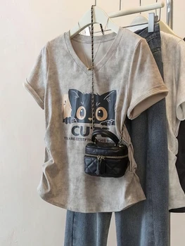 100% Cotton Washed Vintage Cat Print Short sleeve T shirt Women V neck Oversize Shirring Summer Top Lady Casual Tees
