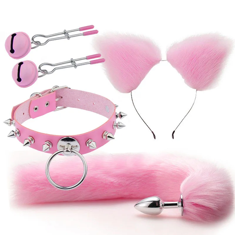 Coda di volpe Carino Plug anale Orecchie di gatto Fasce per capelli Set Clip per capezzoli Collo Collare Cosplay erotico Sesso T_voghion.com