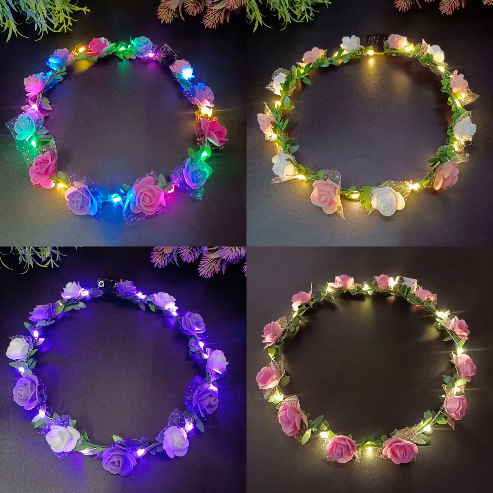 Wedding Rose Crown Flower Headband LED Light Wreath Garland Women Girl Garland Luminous Hairband Christmas Valentine's Day Gifts