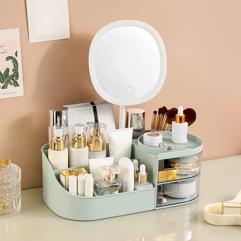 Cosmetics Storage Box with Mirror Dressing Table Makeup Mirror Jewelry Storage Makeup Brush Storage Organizer Lipstick Organizer 4