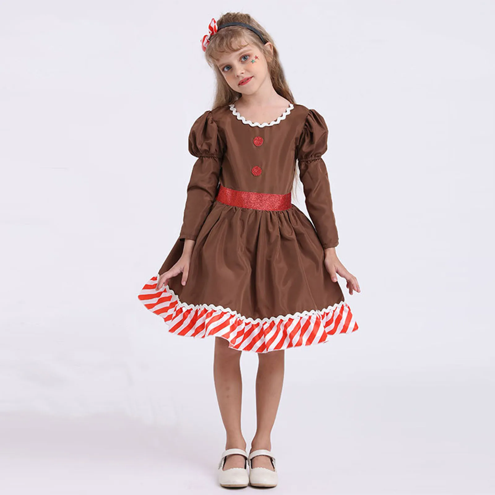 

Kids Girls Gingerbread Man Costume Long Sleeve Round Neck A-line Dress + Bow Headband Set Christmas Party Cosplay Clothes