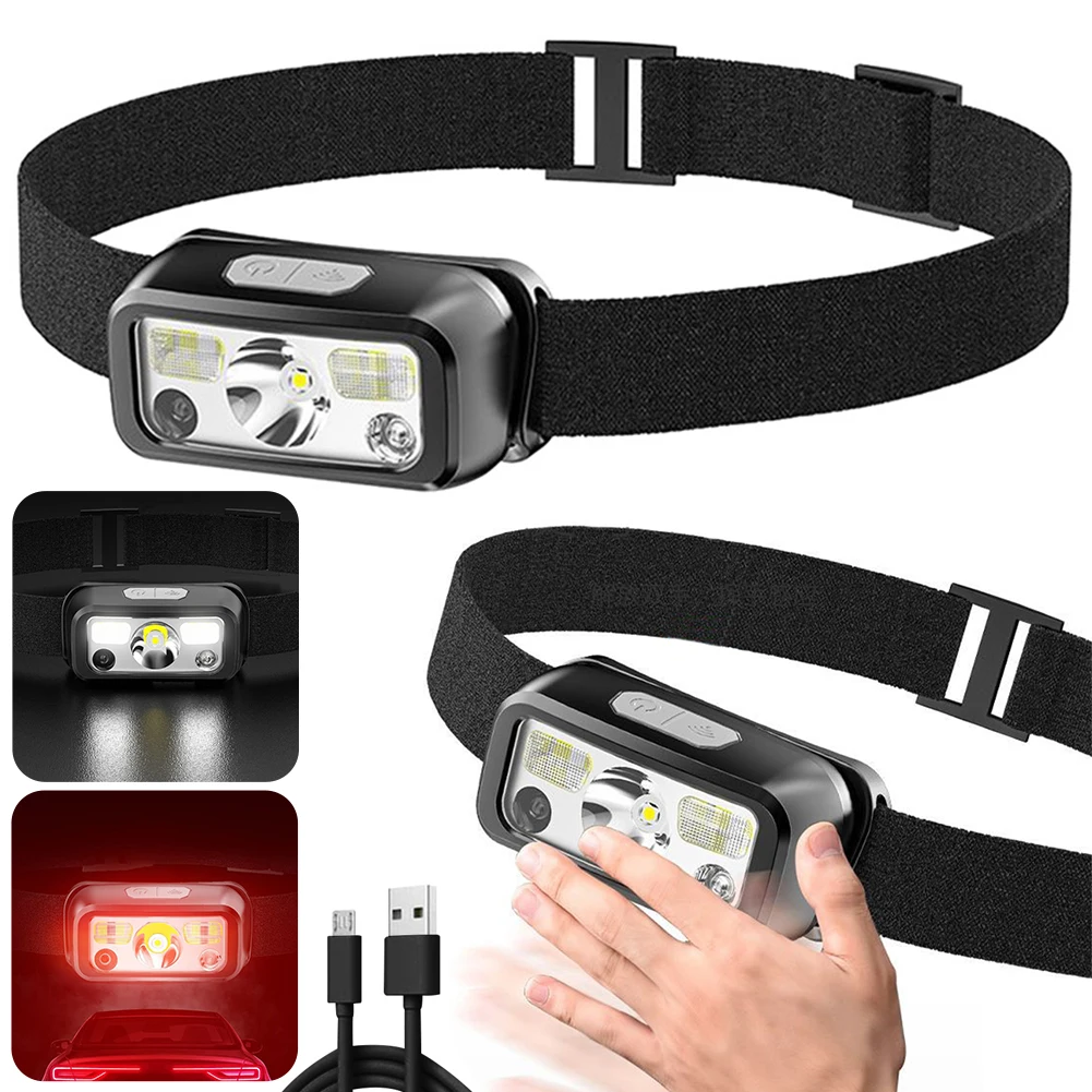 모션 센서 LED 헤드 토치, IPX4 방수 다기능 헤드 손전등, USB 충전 듀얼 광원, 야외 캠핑용