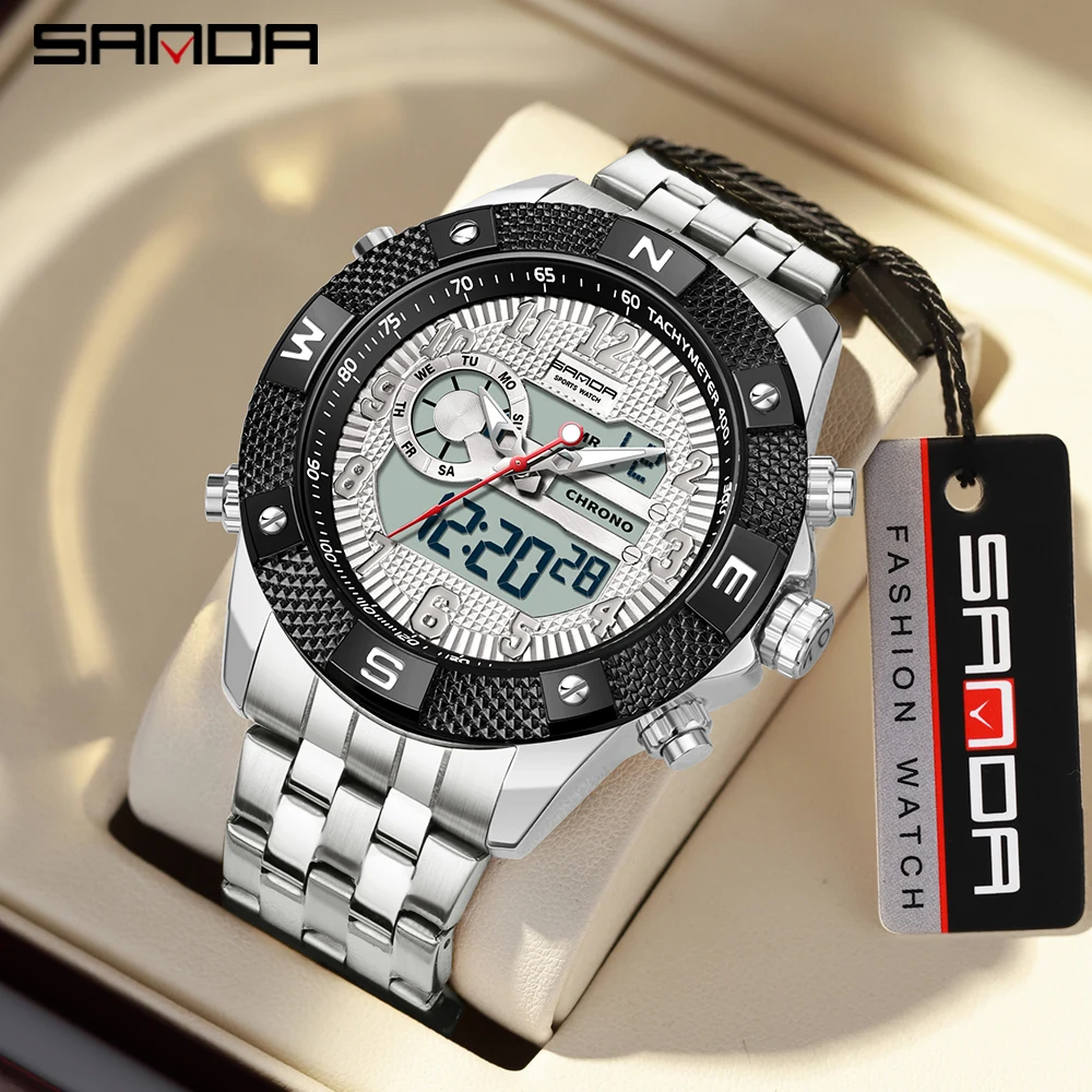 

Sanda New Electronic Watch Youth Trend Personalized and Creative Multi functional Steel Band Alarm Clock Night Glow Watch