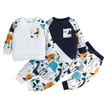 KuKitty Casual Baby Boy Outfit Clothes Set Long Sleeve Printed Top with Pocket Pants 2Pcs Toddler Baby Clothing Sets For 0-24M