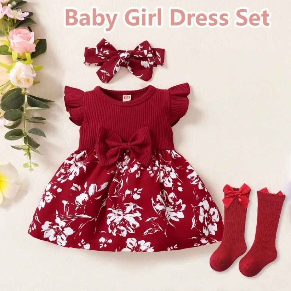 Cute Bow Baby Girl Dress Floral Cotton Newborn Clothes Set Soft with Headband Socks Infant Red Princess Dress Photoshoot Outfit