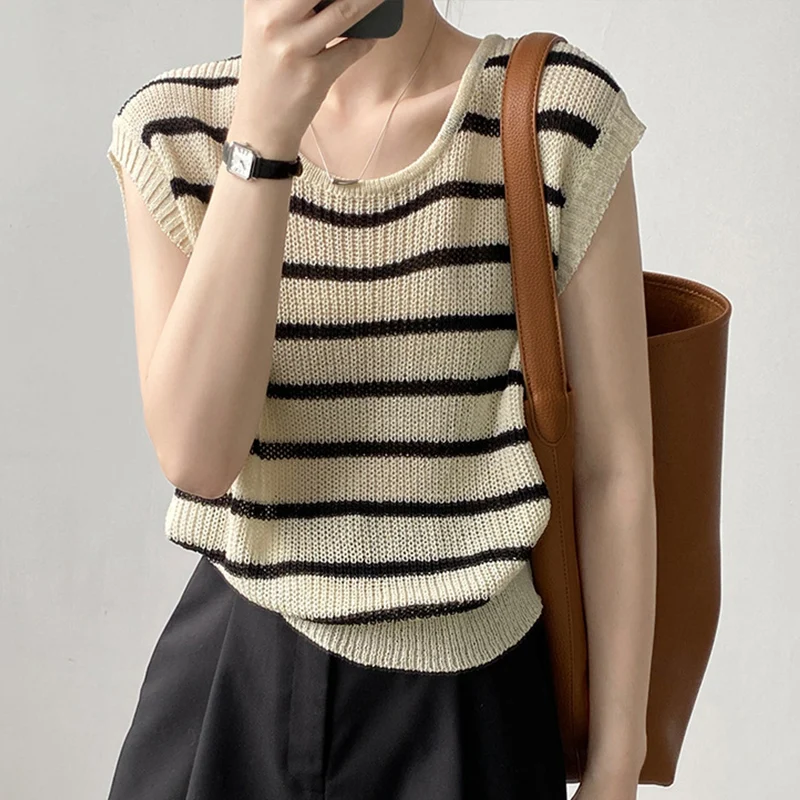 

2023 Summer New Women's T-Shirt Sleeveless Round Neck Knitted Loose Slim Short Tank Top G9333