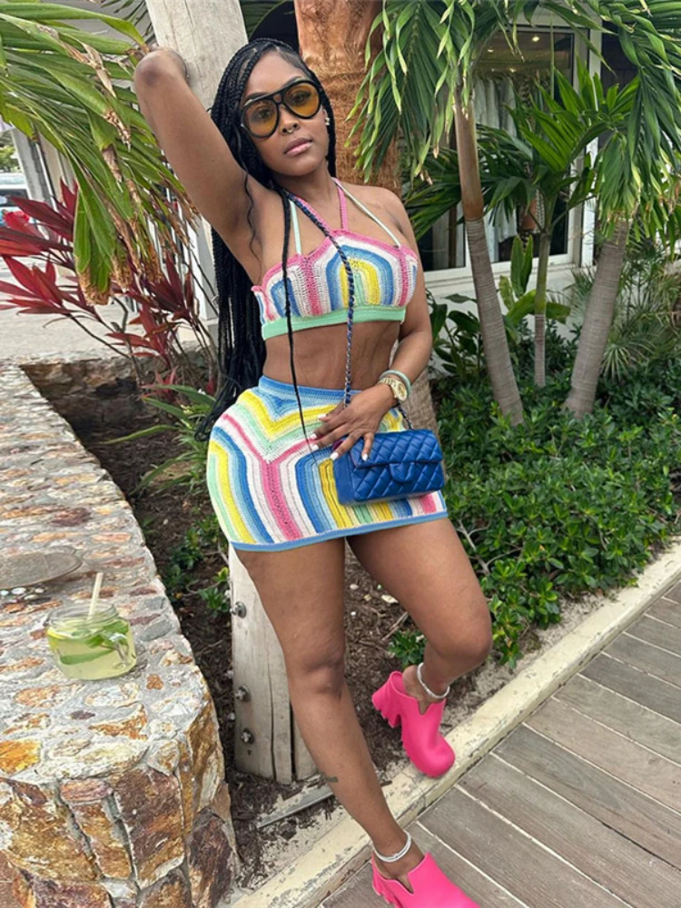 

Rainbow Color Two Piece Set Women Outfits 2023 Fashion Knitted Halter Crop Tops + Mini Skirt Female Beachwear Matching Set