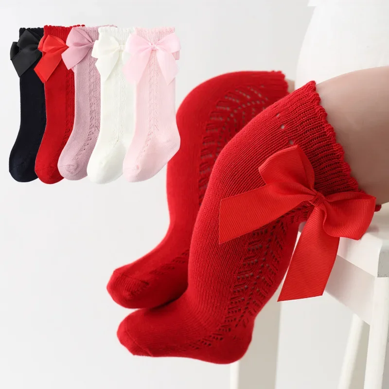 

Summer New Thin Mesh Baby Bow Socks Non Slip Shift Loop Children Anti-mosquito Socks Middle Hose Baby Knee High Socks 0-2Y